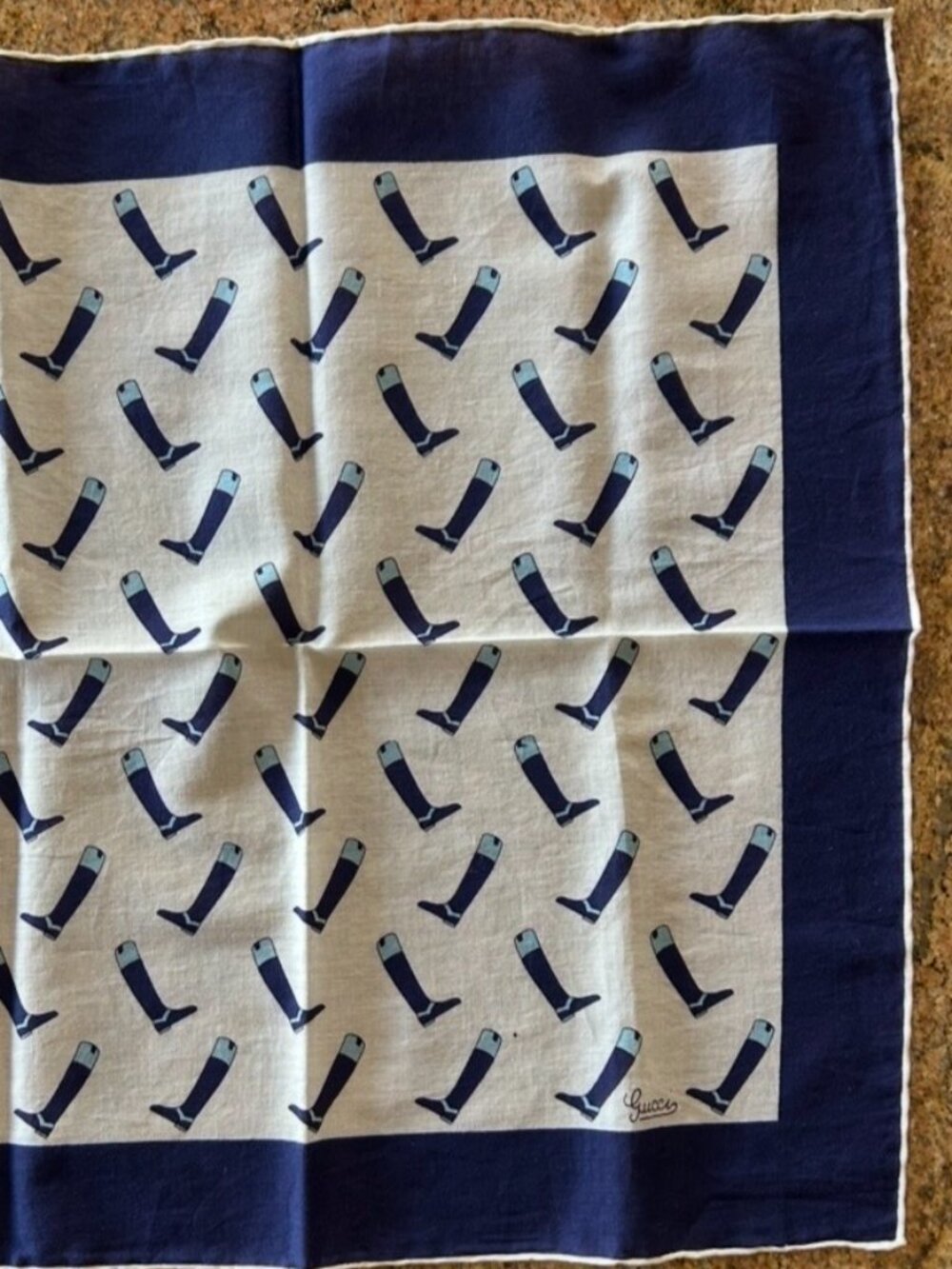 Vintage Gucci Boot Cotton Handkerchief Pocket Square with Hand Rolled Edges